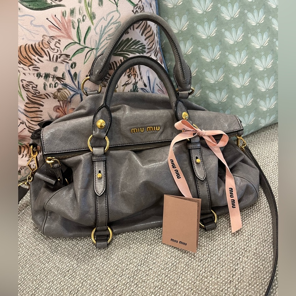 Authentic Miu Miu Vitello Lux Bow Bag in Grey